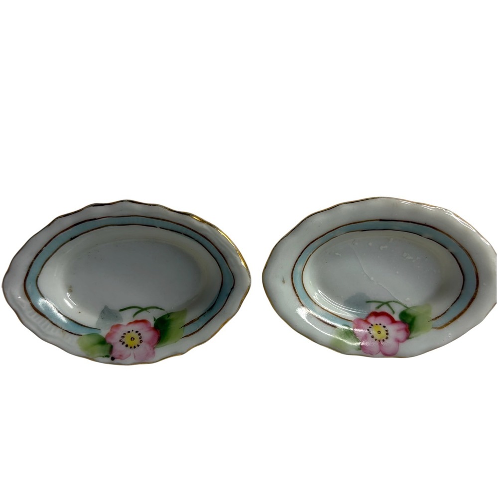 Antique Nippon Miniature Oval Platters Hand Painted Floral Gold Trim Set of 2